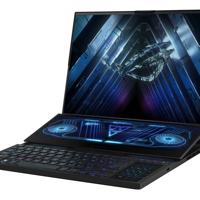 Off Center View of the Rog Zephyrus Duo 16 With Rog Fearless Eye Logo on Screen